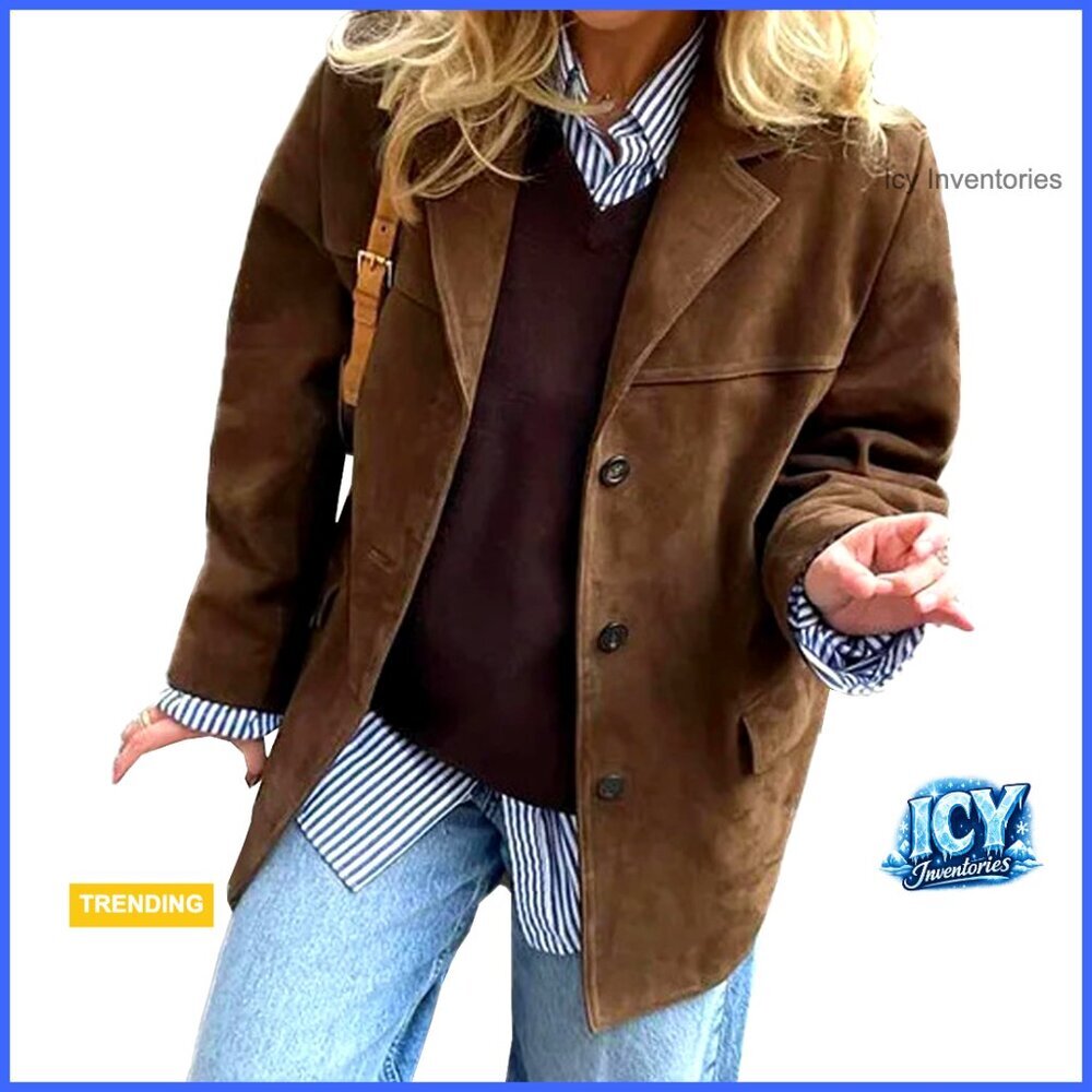 Faux Suede Oversized Blazer Jacket Button Down Lapel Trench Coat - Picture 1 of 6
